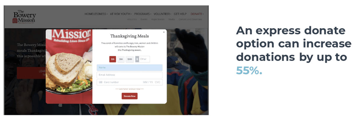 Bowery Mission Thanksgiving Meals express donate pop-up with the note that an express donate option can increase donations by up to 55%