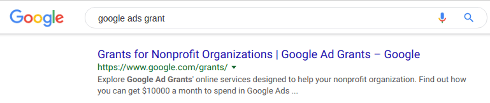 Google search result for "google ads grant" showing the Google Ad Grants page for nonprofit organizations