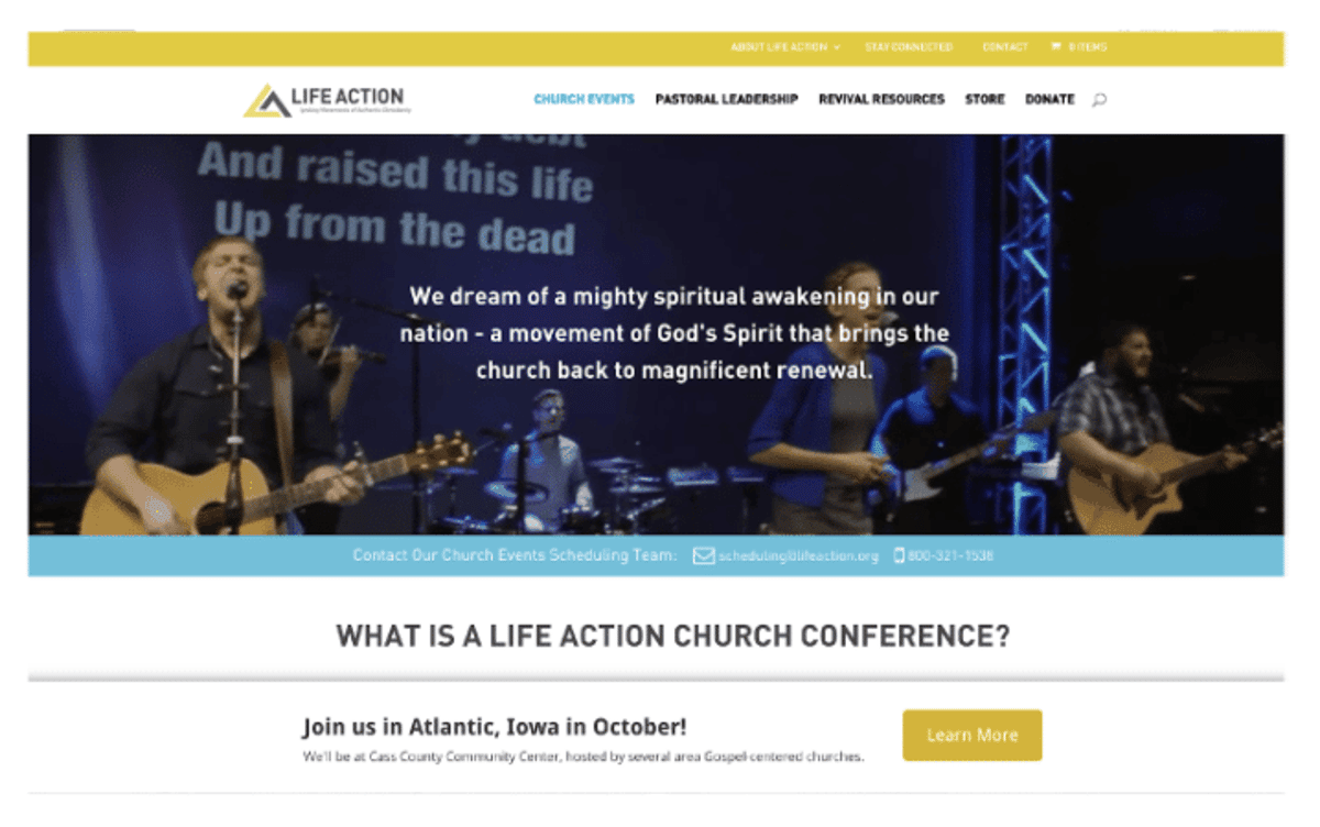 Life Action website with a geotargeted banner: "Join us in Atlantic, Iowa in October!" and a Learn More button