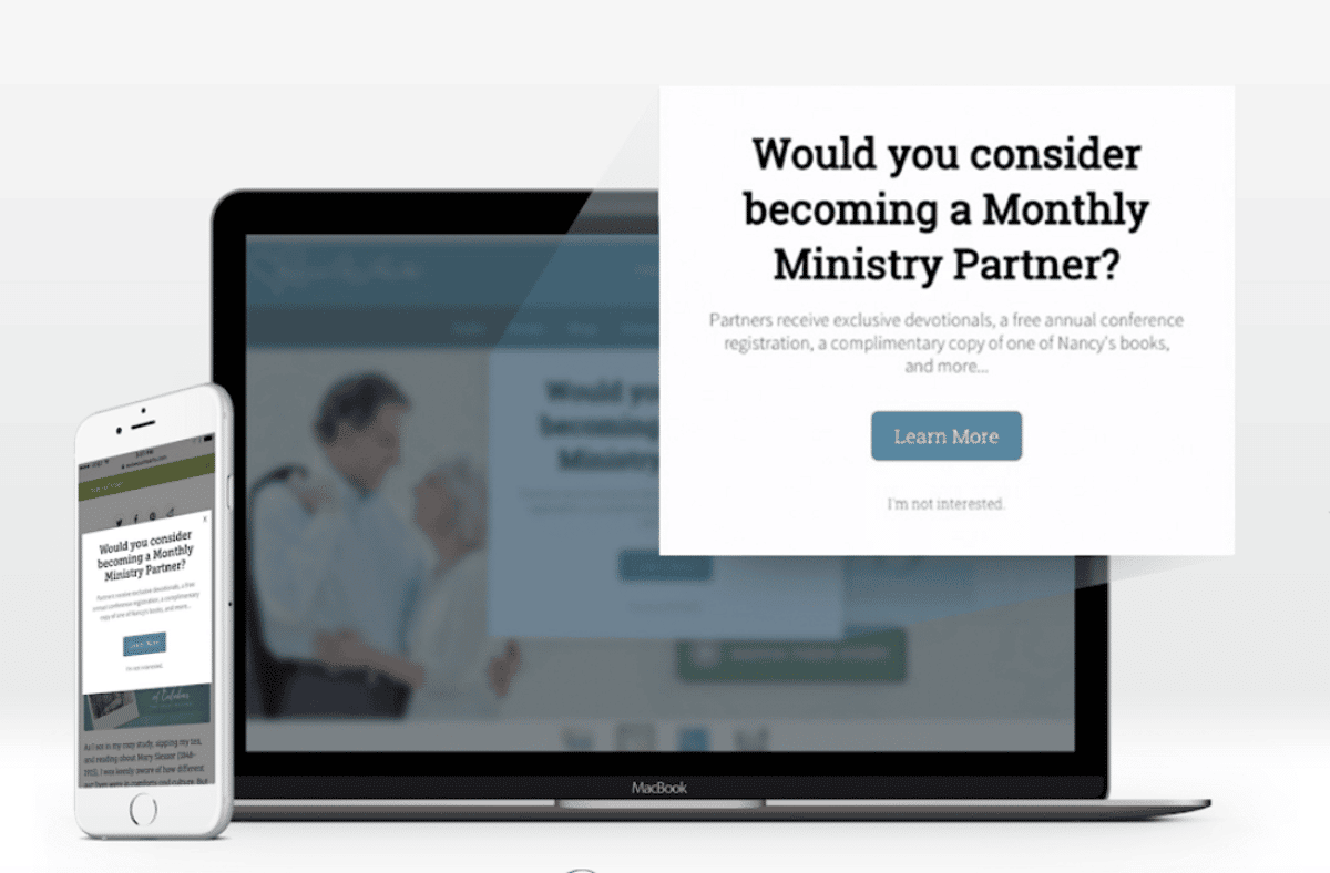 Waypoint on laptop and phone asking "Would you consider becoming a Monthly Ministry Partner?" with a Learn More button