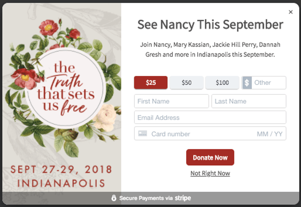 Donation waypoint "See Nancy This September" with gift amount buttons, name, email and card fields, and a Donate Now button with secure payments via Stripe