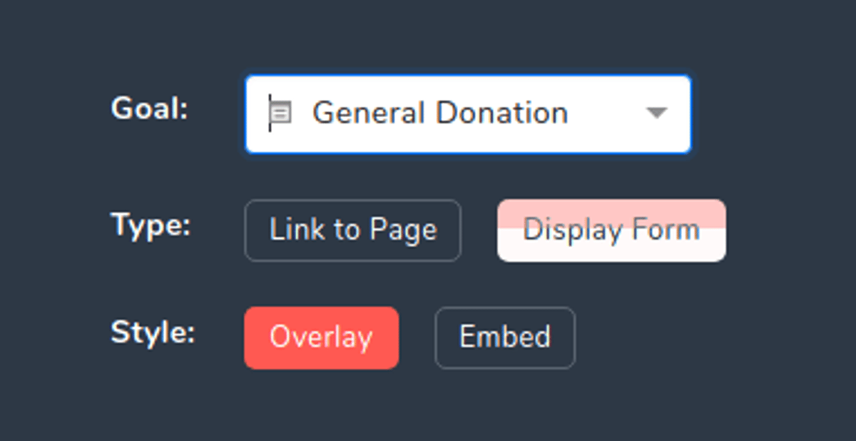 Waypoint editor settings with Goal set to General Donation, Type options Link to Page and Display Form, and Style options Overlay and Embed