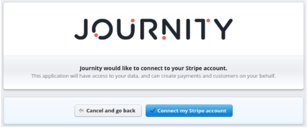 Stripe authorization screen: "Journity would like to connect to your Stripe account" with a Connect my Stripe account button