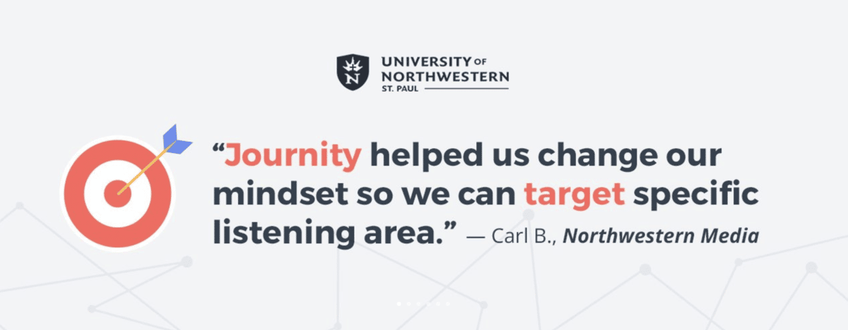 University of Northwestern St. Paul banner quoting Carl B., Northwestern Media: "Journity helped us change our mindset so we can target specific listening area."