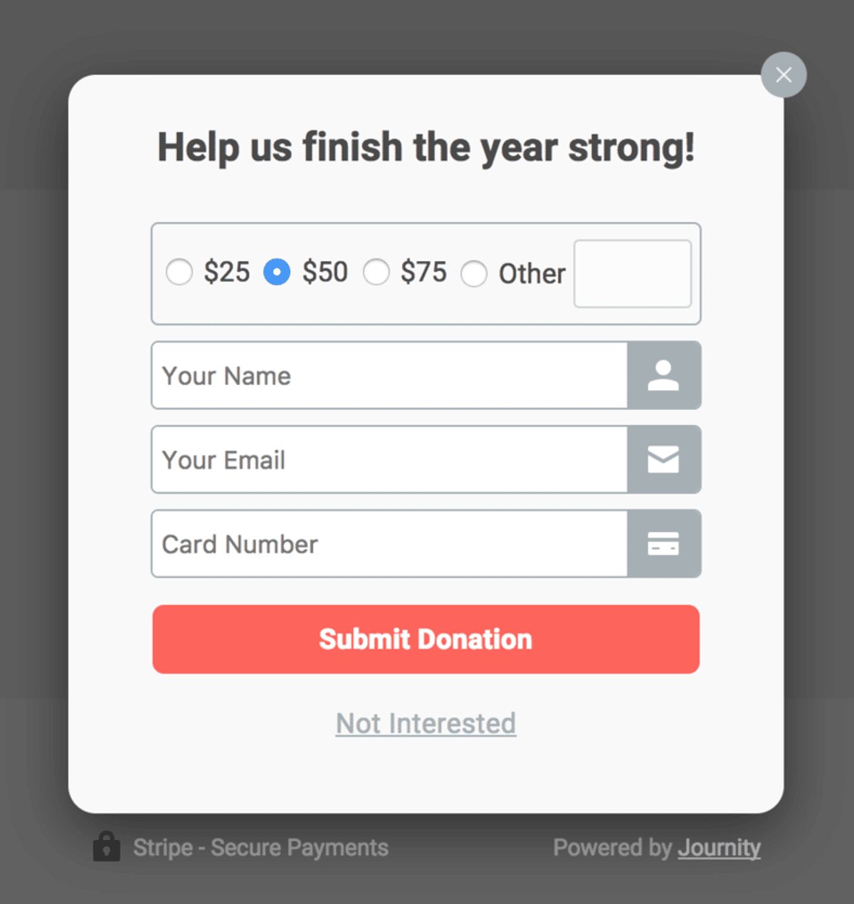 One-step mobile donation form "Help us finish the year strong!" with gift amount options, name, email and card number fields, and a Submit Donation button