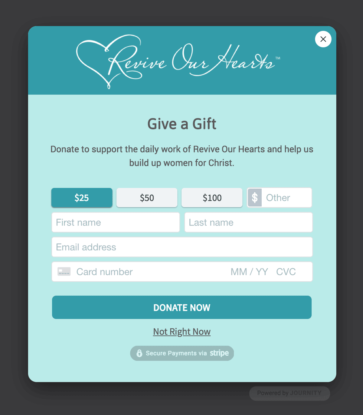 Branded Revive Our Hearts "Give a Gift" donation waypoint with the ministry logo, gift amounts, and a Donate Now button