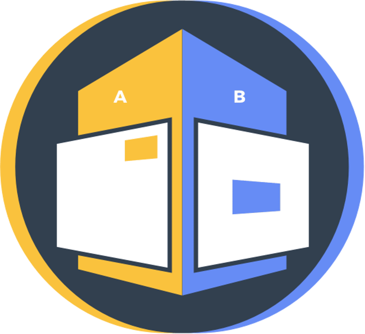 Illustration of two page variations labeled A and B side by side for A/B testing