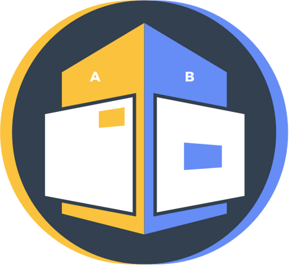 Illustration of two page variations labeled A and B side by side for A/B testing