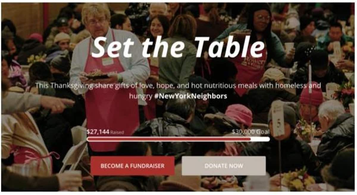 The Bowery Mission's Set the Table Thanksgiving fundraising page showing $27,144 raised toward a $30,000 goal