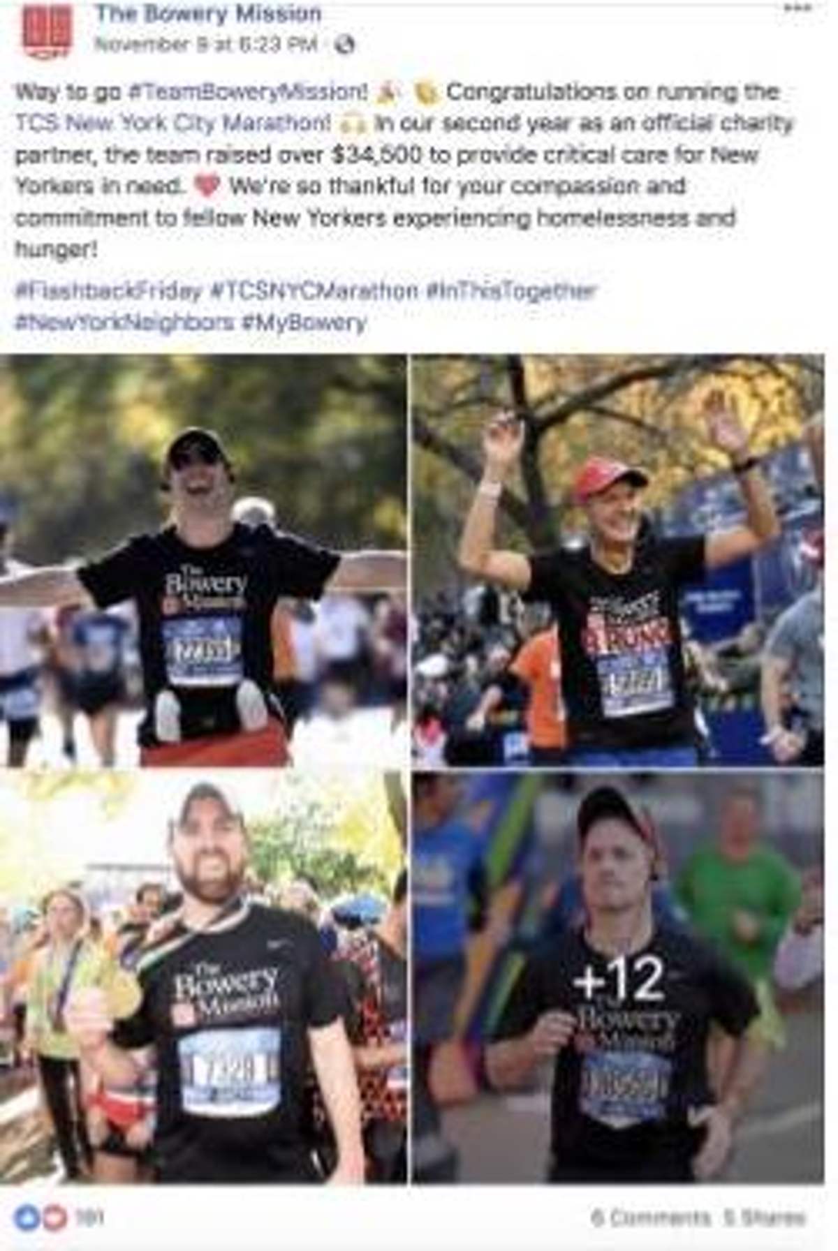 The Bowery Mission Facebook post congratulating its TCS New York City Marathon team on raising over $34,500