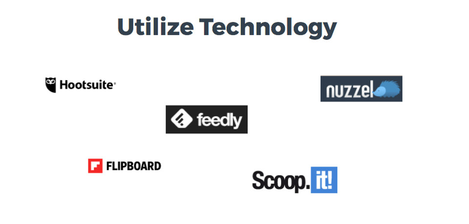 Utilize Technology slide with logos for Hootsuite, Feedly, Nuzzel, Flipboard, and Scoop.it