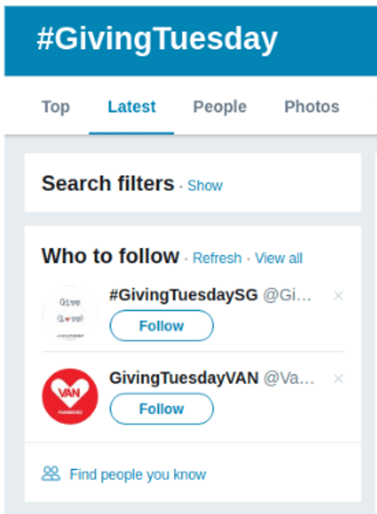 Twitter search results for the #GivingTuesday hashtag with suggested accounts to follow